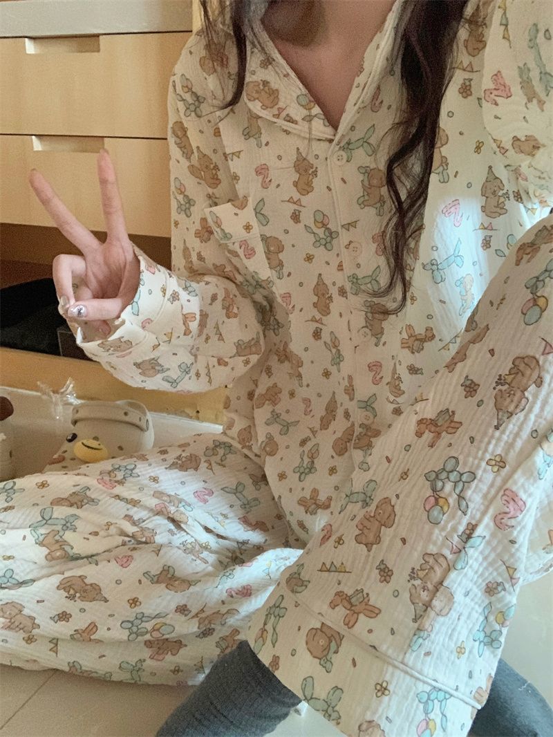 ins風可愛小狗日系睡衣女春秋款甜美花邊長袖學生秋季居家服套裝