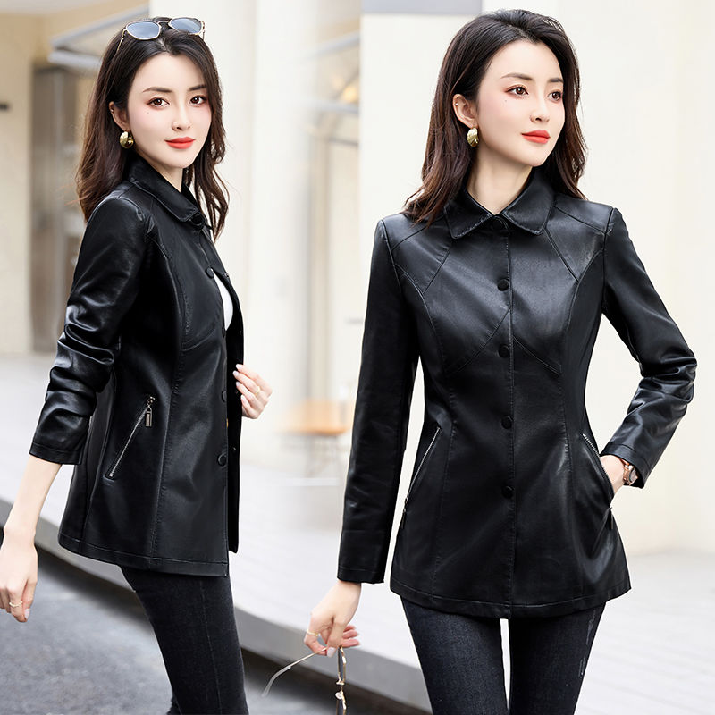 Haining high-end leather coat lapel autumn and winter women's coat mid-length slim fit  new leather jacket