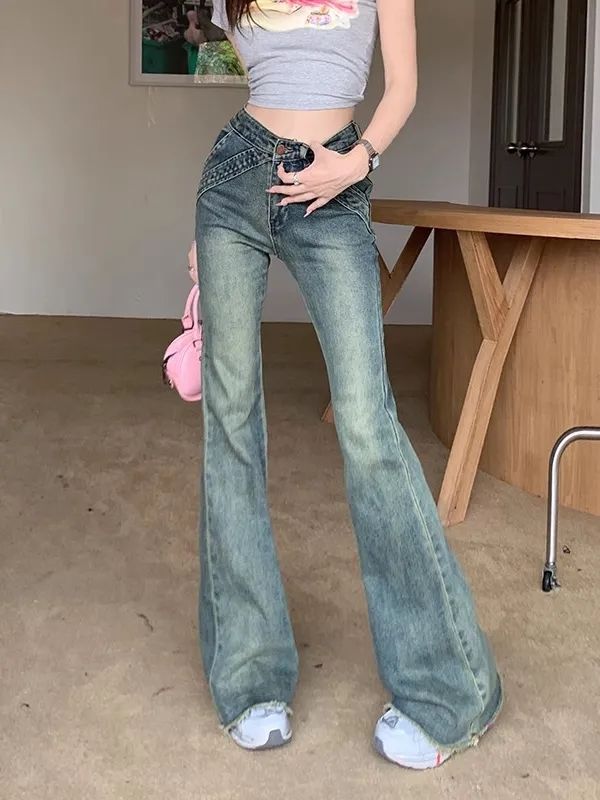 美式復古辣妹低腰微喇牛仔褲女秋季新款高街設計感修身顯瘦喇叭褲