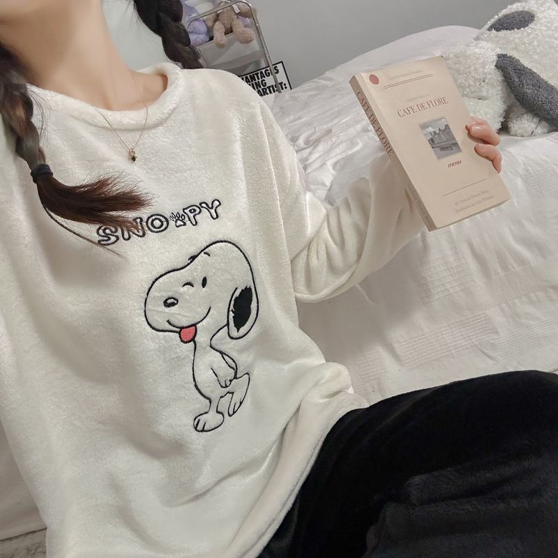 珊瑚絨睡衣女士秋冬季加厚加絨學生圓領卡通少女法蘭絨家居服套裝