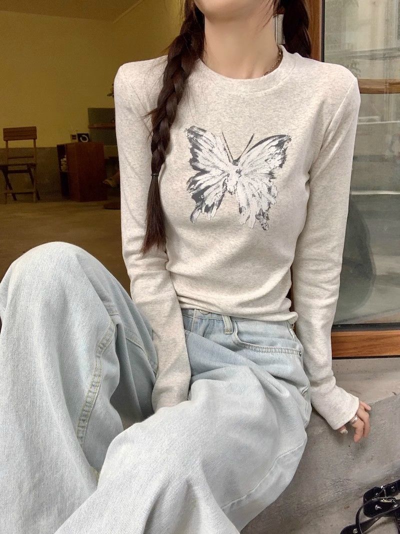 Sweet hottie long-sleeved right shoulder T-shirt for women autumn new slim fit short chic bottoming butterfly print top