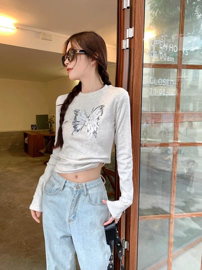 Sweet hottie long-sleeved right shoulder T-shirt for women autumn new slim fit short chic bottoming butterfly print top