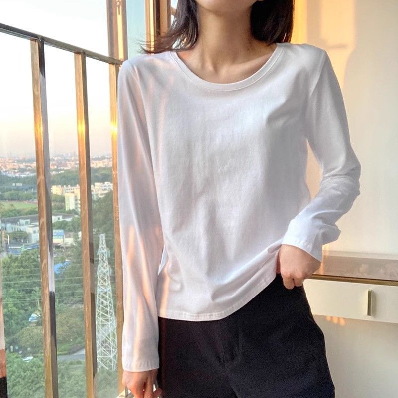 長袖女圓領棉質簡約打底衫正肩t恤春秋季女新款通勤純色修身上衣