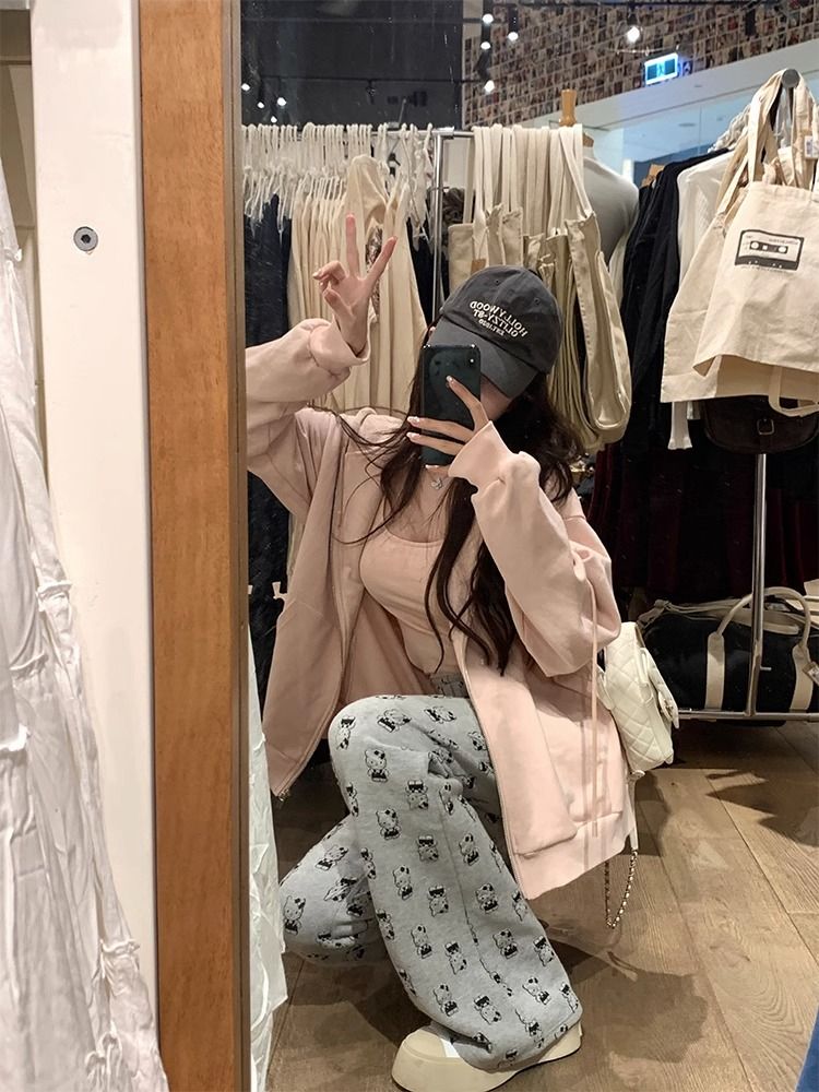 美式復古oversize粉色連帽開衫衛衣女春秋寬鬆慵懶風chic港味外套