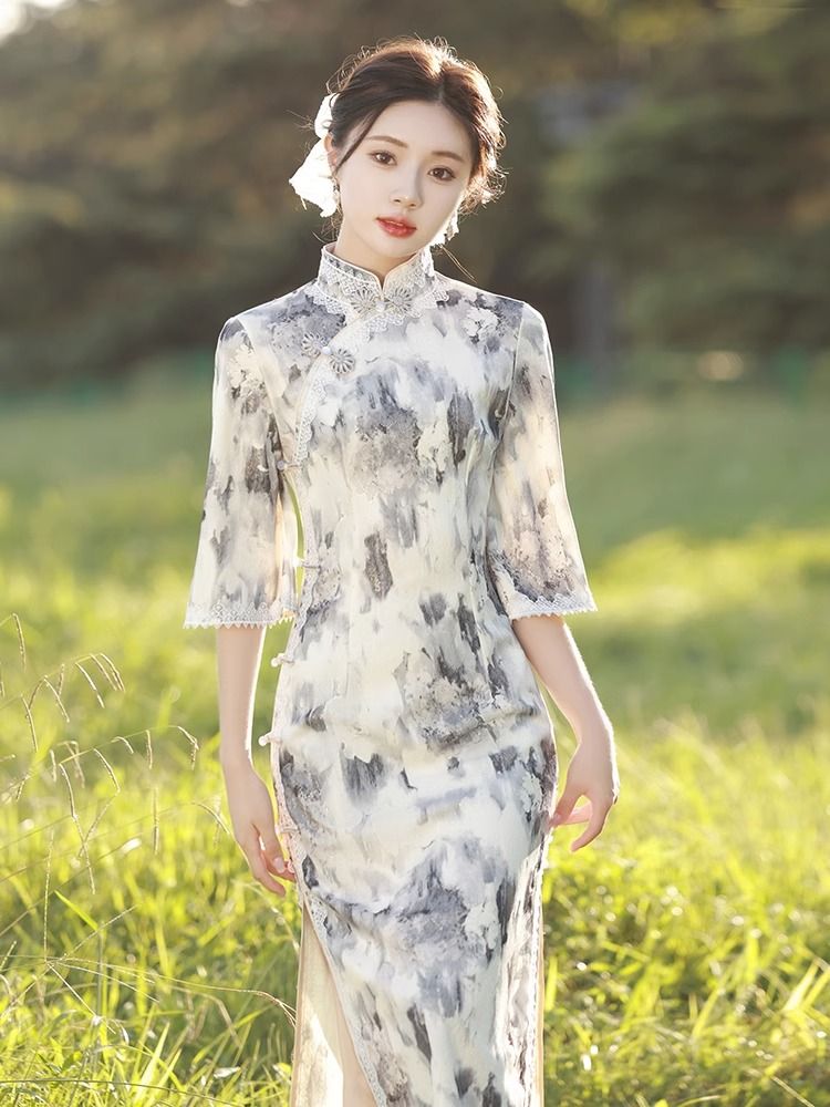 改良旗袍2023新款春秋季年輕款中國風水墨畫倒大袖少女日常連衣裙