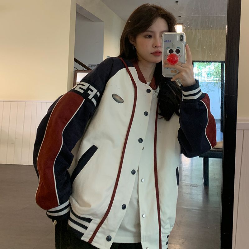 美式拼接棒球服外套男女春秋款設計感小眾潮流復古情侶裝夾克ins