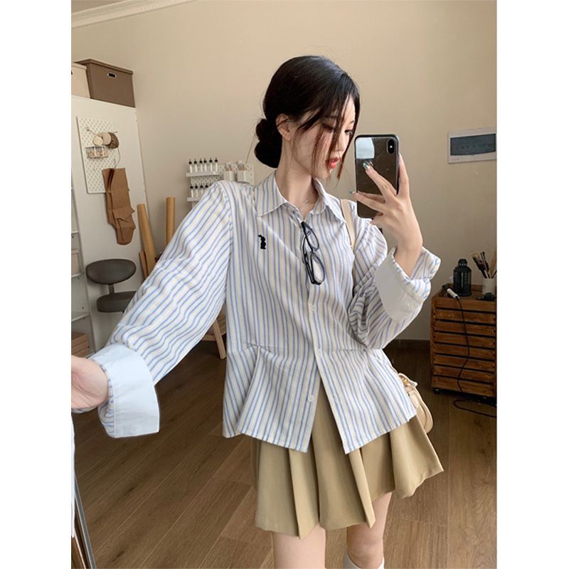 法式小眾條紋長袖襯衫設計感chic別致寬鬆洋氣春秋純棉POLO上衣女