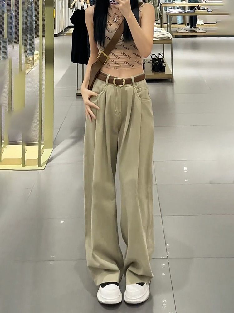 卡其色高腰闊腿牛仔褲女秋季新款寬鬆顯瘦百搭直筒垂感拖地長褲子