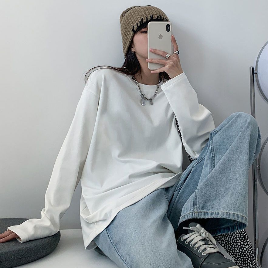 100%純棉新款長袖T恤女裝寬鬆白色純棉打底衫春秋內搭上衣潮學生