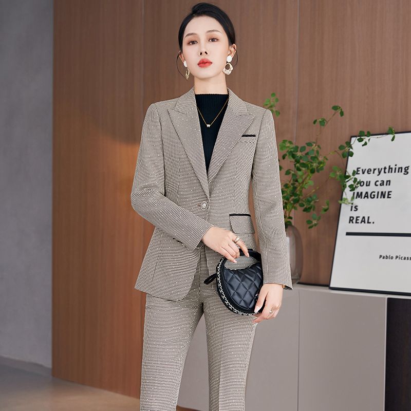 Houndstooth suit suit for women, autumn and winter plaid, high-end wide-leg pants, temperament, professional formal wear, bell-bottom pants two-piece set