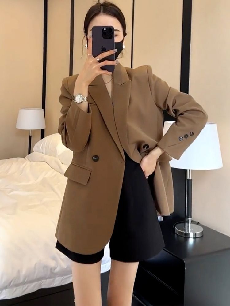 咖色西裝外套女春秋新款韓版oversize個性高級設計感小西服女潮