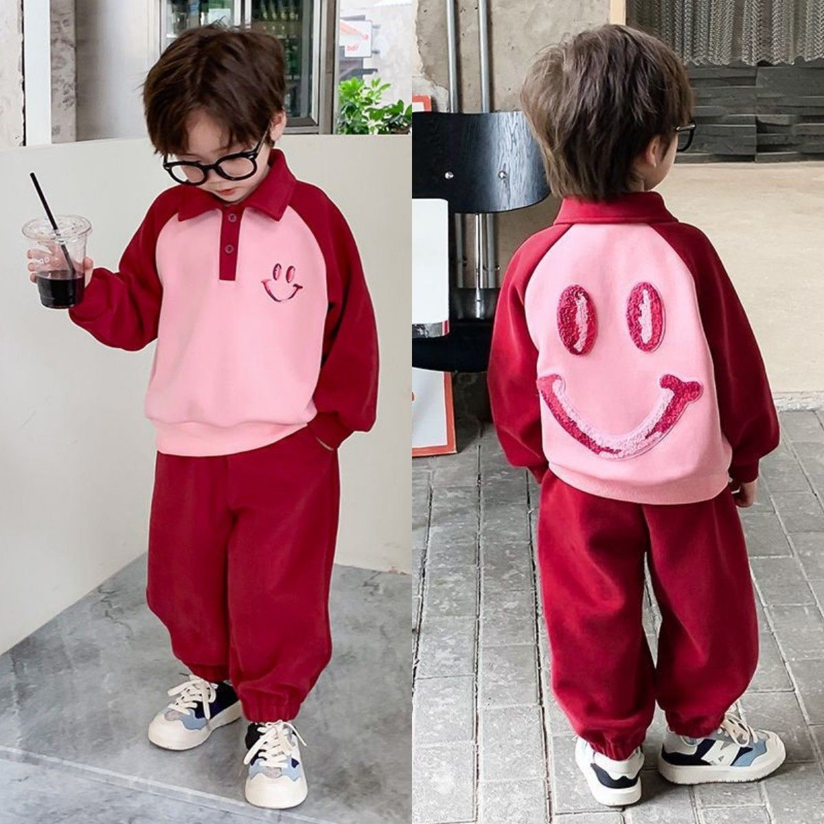 2023 spring and autumn new style boys and girls color-blocked polo collar sweatshirt suit for children and middle-aged children two-piece casual pants set