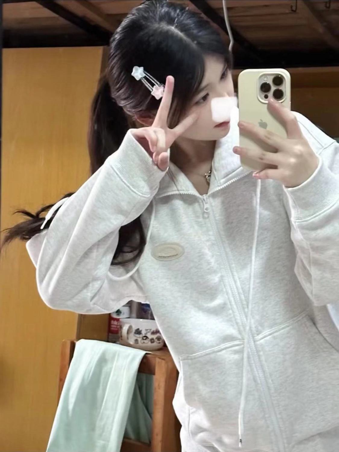 美式街頭立領抽繩高級感衛衣女寬鬆版休閒時尚秋冬加絨半拉鏈外套