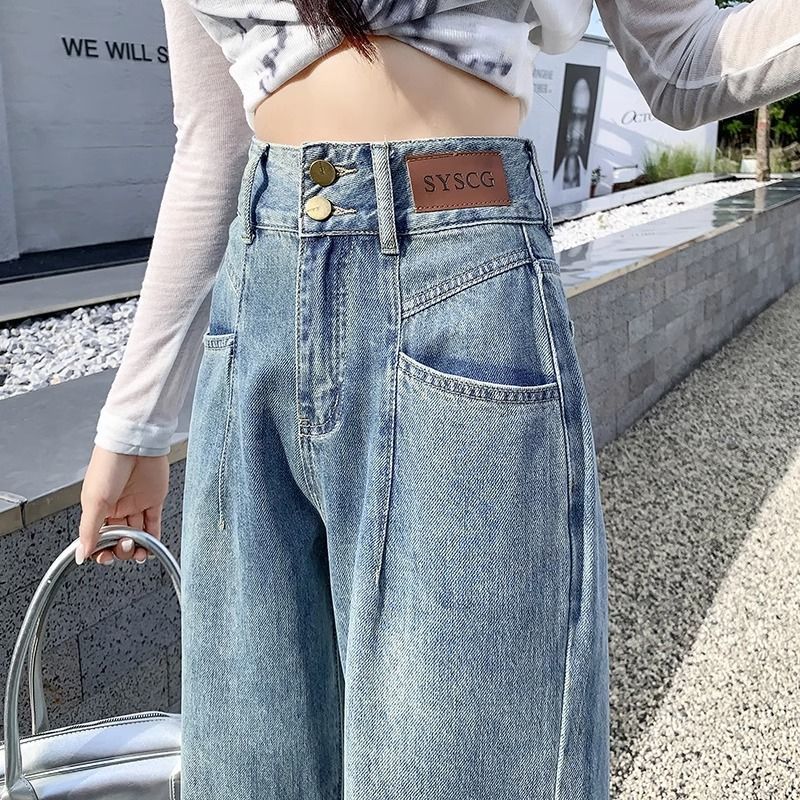 秋裝復古藍色高腰闊腿牛仔褲女小個子美式潮牌歐貨高端寬鬆直筒褲