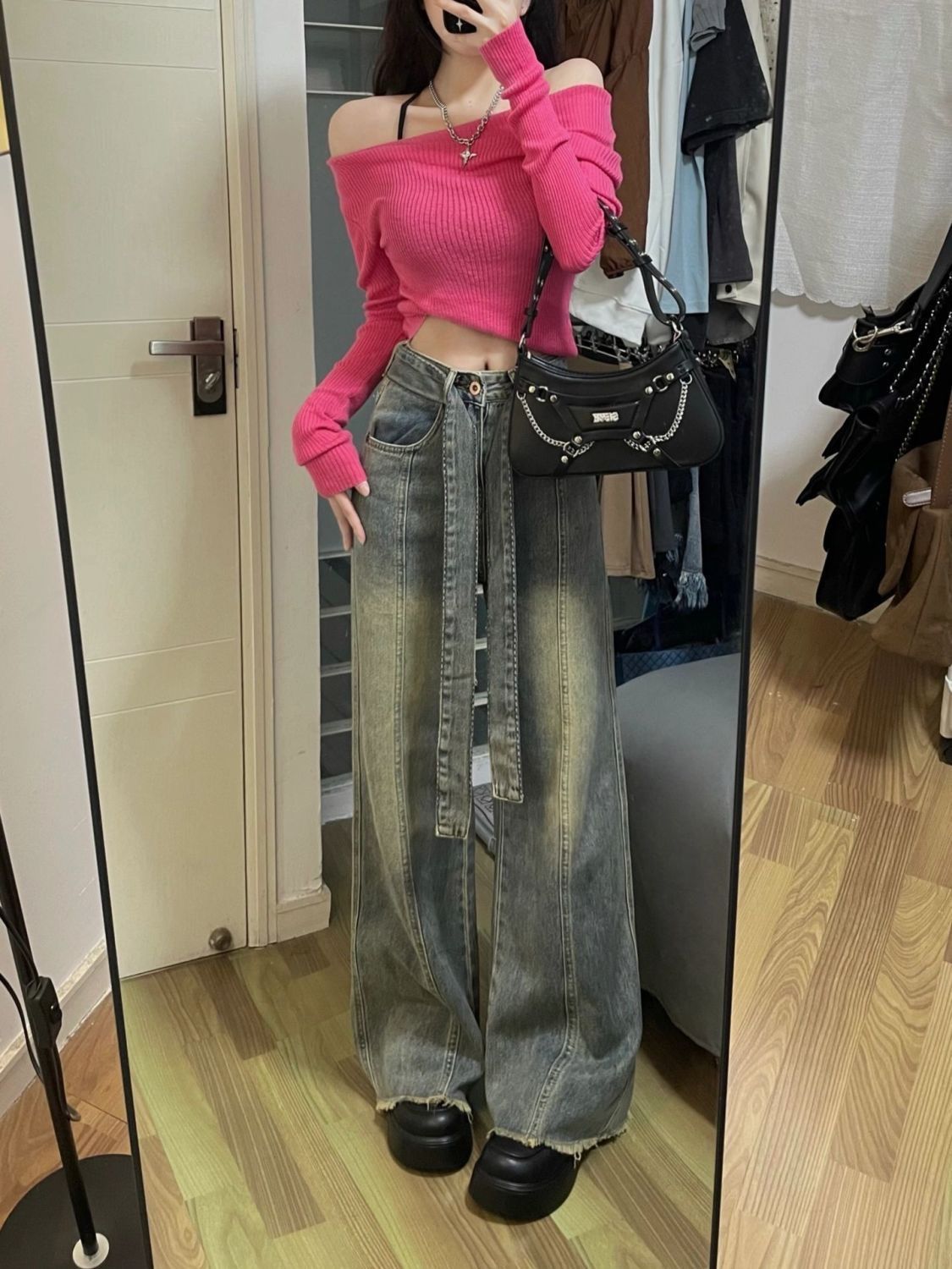 復古綁帶毛邊直筒牛仔褲女小個子秋季新款顯瘦寬鬆拖地闊腿長褲潮
