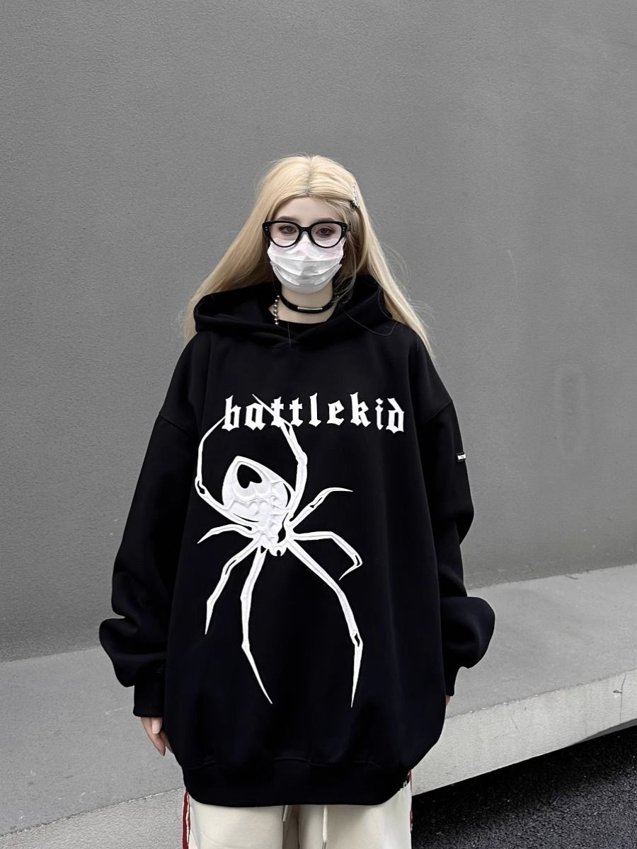 美式復古潮牌蜘蛛印花純棉連帽衛衣男女秋季高街歐美情侶帽衫外套