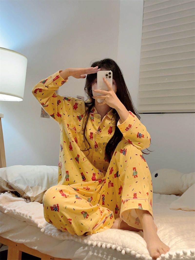 可愛小熊睡衣女春秋2023新款日系卡通長袖長褲學生外穿家居服套裝
