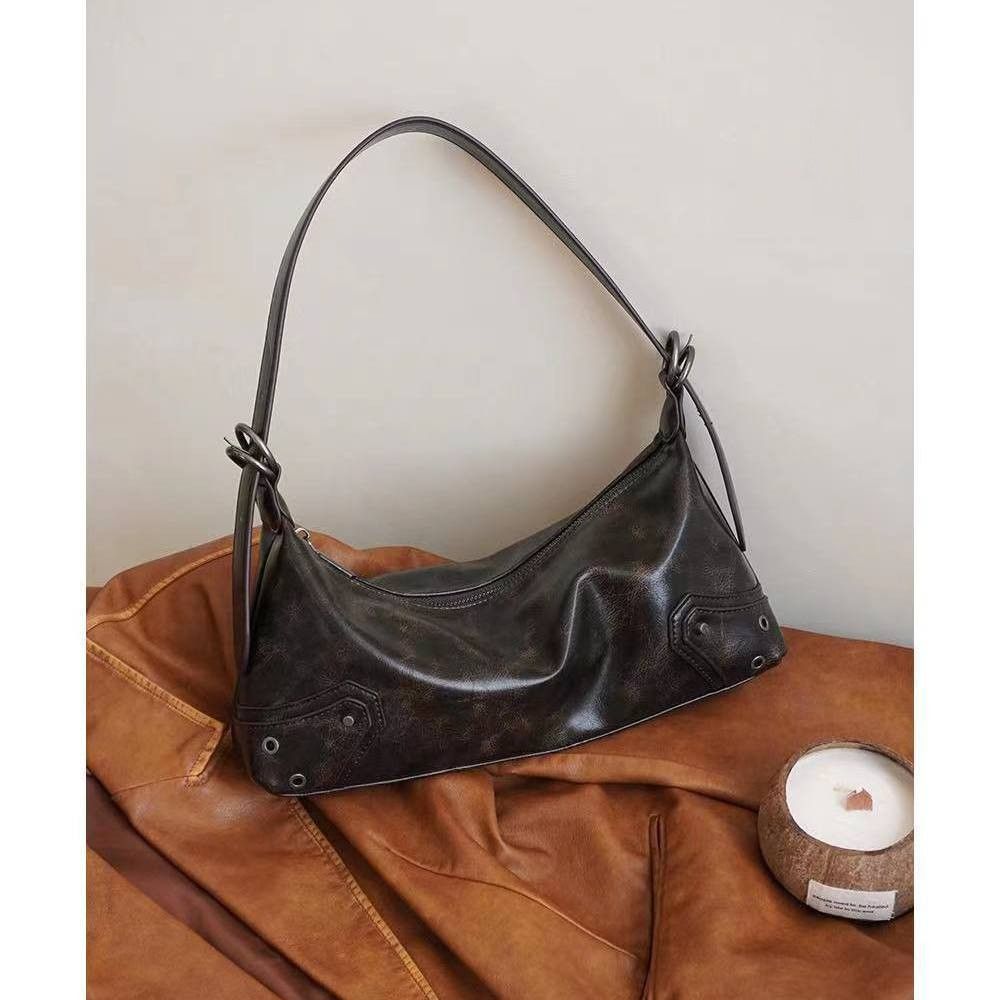 2024 Autumn and Winter New Oil Waxed Leather Maillard Underarm Bag Women's Retro Shoulder Crossbody Bag