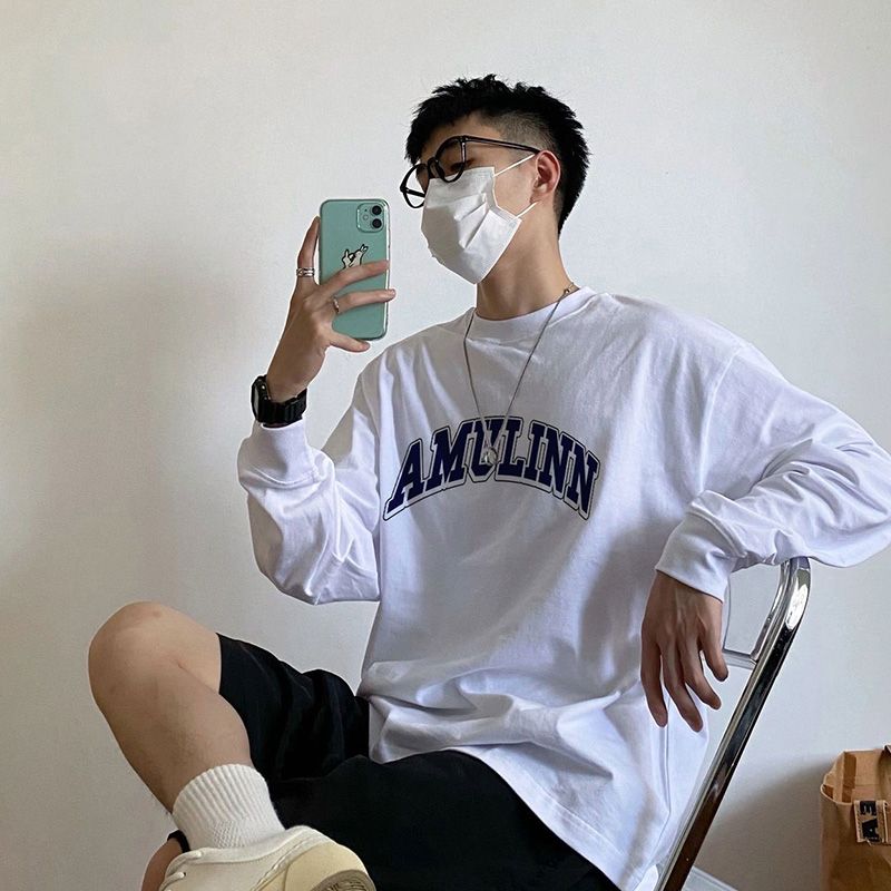 新款潮牌寬鬆純棉長袖t恤男士上衣秋季ins港風字母印花內搭打底衫