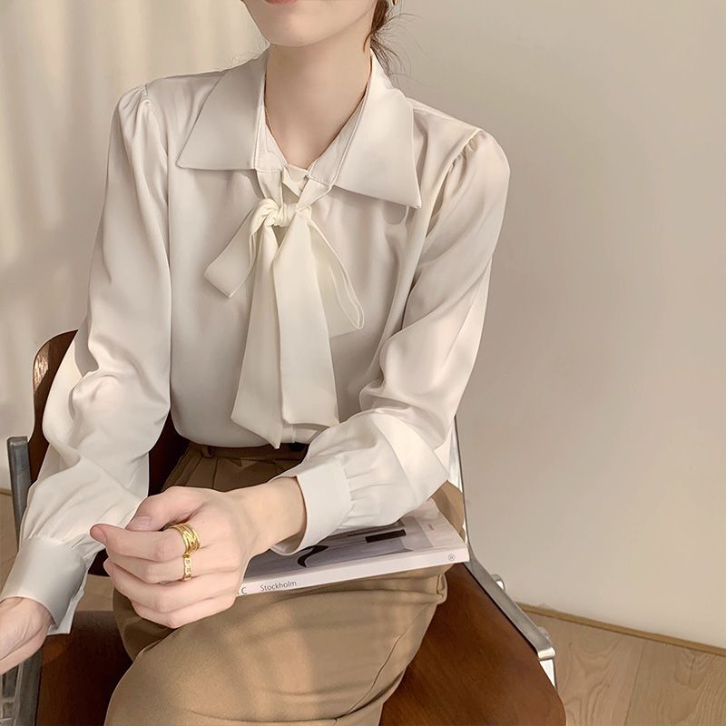 簡約通勤百搭職業OL長袖襯衫設計感法式蝴蝶結系帶白色春秋上衣女