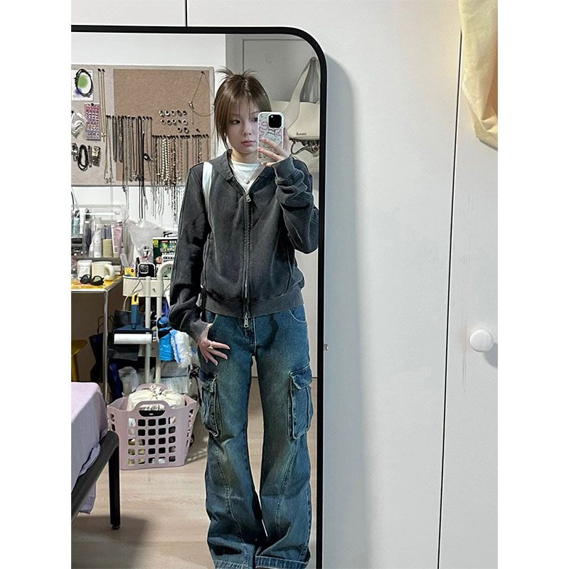 美式高街hiphop黑灰色開衫衛衣外套女春秋新款外穿百搭休閒上衣潮
