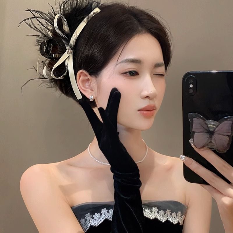 純欲超仙ins風羽毛抓夾女高級感後腦勺盤發鯊魚夾設計感小眾髮夾