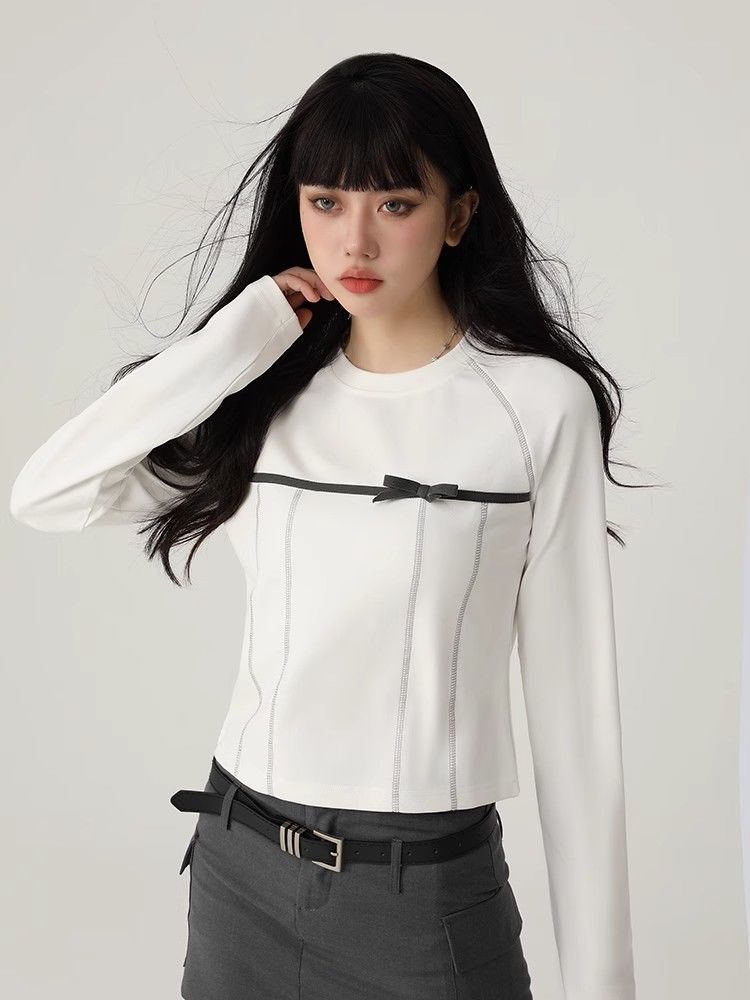 American retro bow-knot reverse stitched long-sleeved T-shirt for women to wear in autumn, slim and versatile, simple top trendy