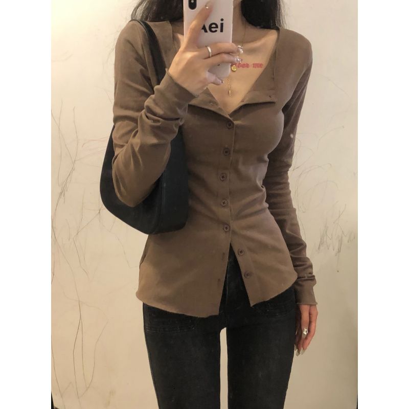 辣妹T恤女春季修身顯瘦開衫上衣開叉內搭紐扣設計感小眾長袖小衫