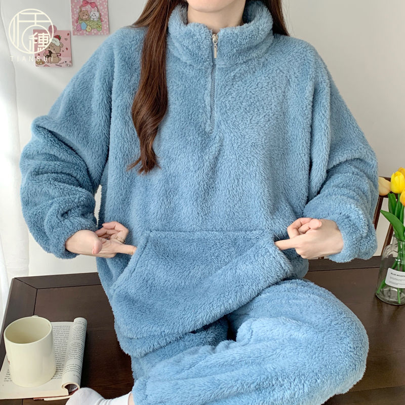 2023年新款珊瑚絨睡衣女秋冬季高領加絨加厚保暖學生款家居服套裝