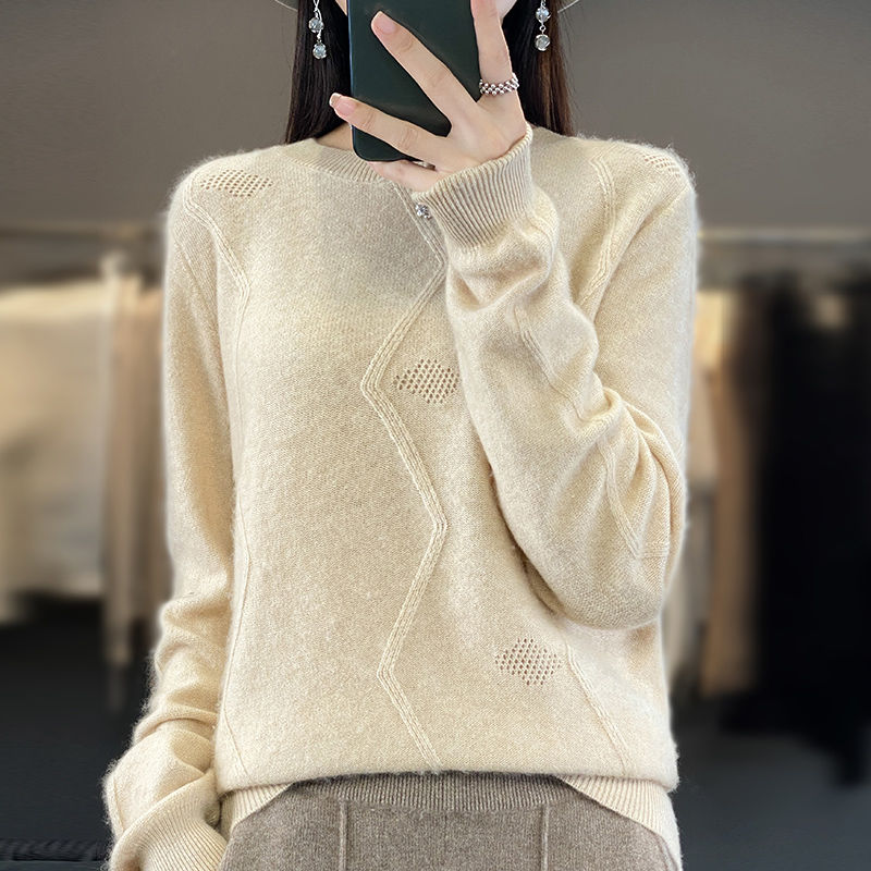 秋冬新款100%羊毛衫女半高領純色長袖毛衣花朵刺繡打底針織羊毛衫