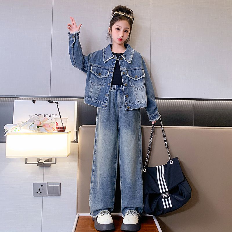 女童套裝秋裝2023新款兒童洋氣韓版春秋中大童網紅時髦牛仔兩件套