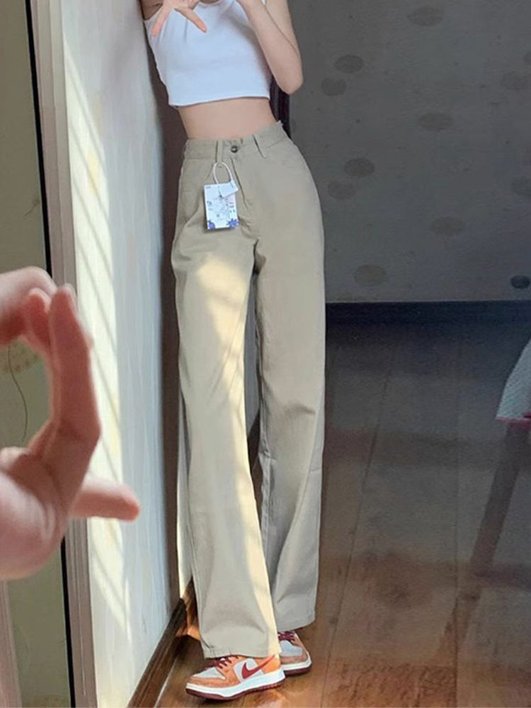 卡其色直筒牛仔褲女秋季新款復古高腰寬鬆闊腿顯瘦百搭拖地褲子潮