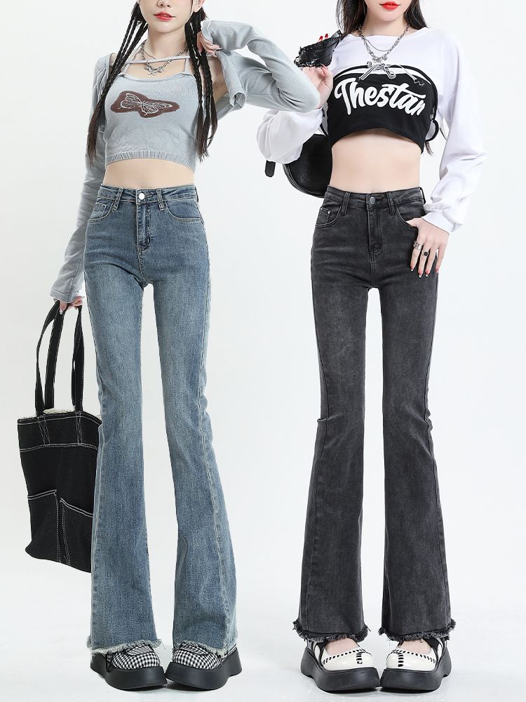 復古毛邊微喇叭牛仔褲女2023秋季新款高腰顯瘦修身彈力直筒拖地褲