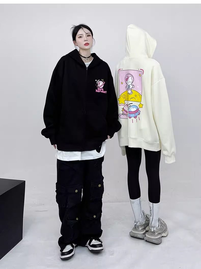 重磅純棉kitty凱蒂貓卡通開衫連帽衛衣男女情侶秋季寬鬆休閒外套