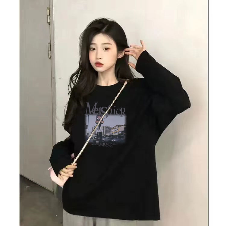 100%純棉簡約印花長袖T恤男女潮流街頭美式復古百搭BF學生ins上衣