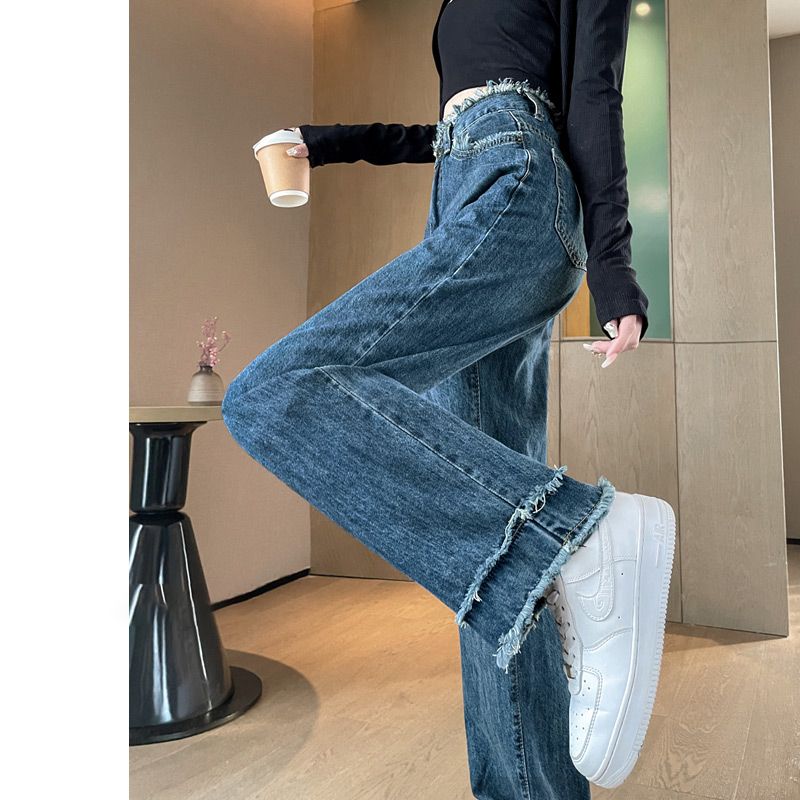 復古毛邊牛仔褲女春秋高腰顯瘦寬鬆直筒大碼胖MM流蘇垂感闊腿褲子