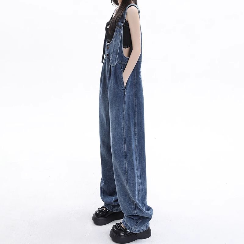 復古藍牛仔背帶褲女夏季2023新款美式設計感寬鬆闊腿拖地連體褲子