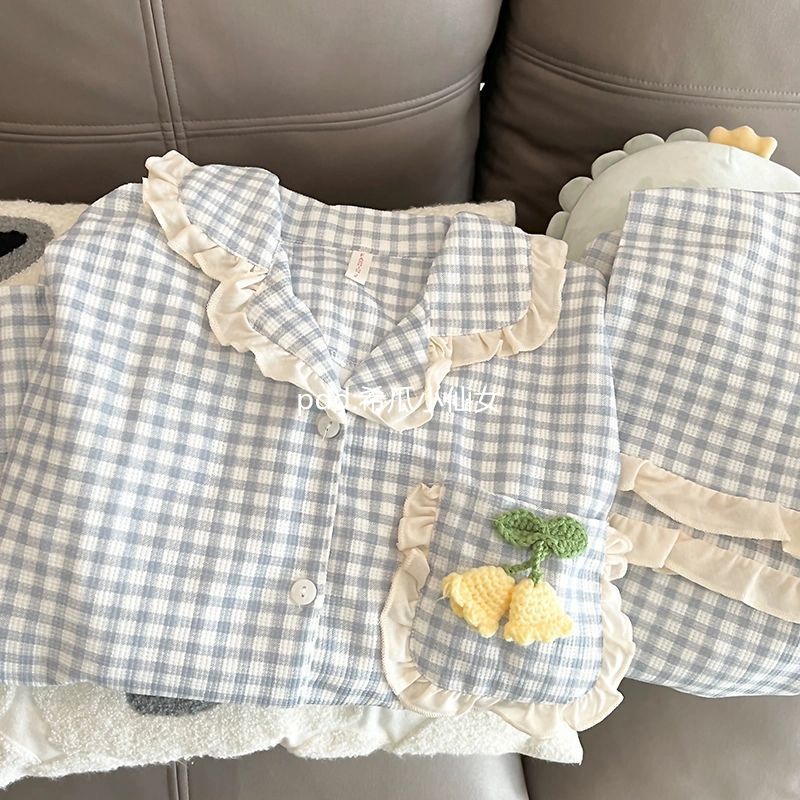 ins sweet little flower pajamas for women spring and autumn new princess style long-sleeved trousers plaid ruffled home clothes suit