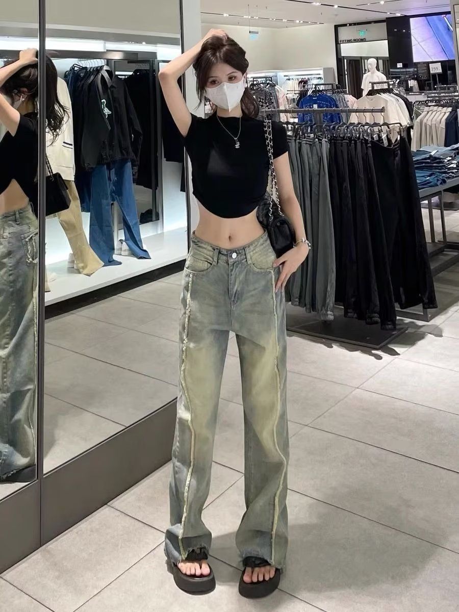美式復古水洗做舊黃泥藍牛仔褲女秋季高腰顯瘦直筒褲寬鬆闊腿長褲