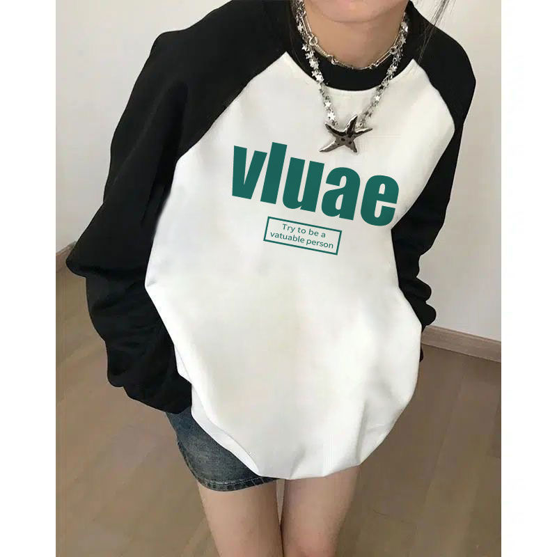 黑白撞色長袖t恤女2023年秋冬插肩袖寬鬆純棉中長款打底衫上衣
