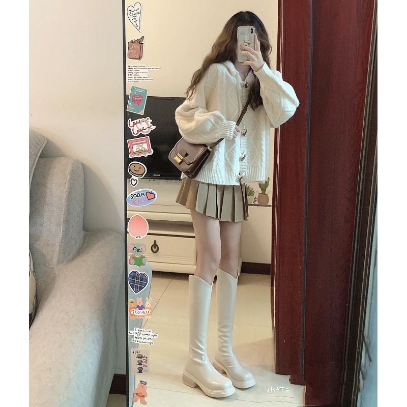 日系溫柔牛角扣連帽針織毛衣外套女2023早秋新款日系慵懶開衫上衣