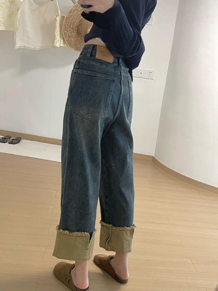 高腰抽繩直筒牛仔褲女2023年新款小個子大碼胖mm顯瘦翻邊闊腿褲