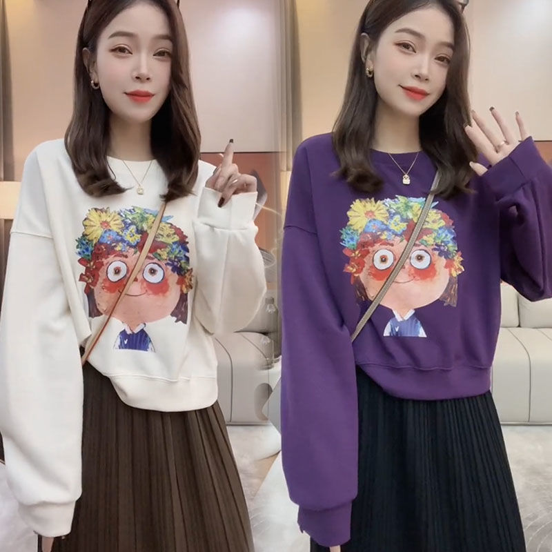 藍海奕諾韓系塗鴉印花套頭衛衣女2023秋季新款小個子寬鬆顯瘦上衣