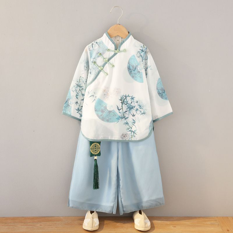 男童漢服套裝春秋裝中國風蘭竹圖中大兒童秋古裝女童演出服兩件套