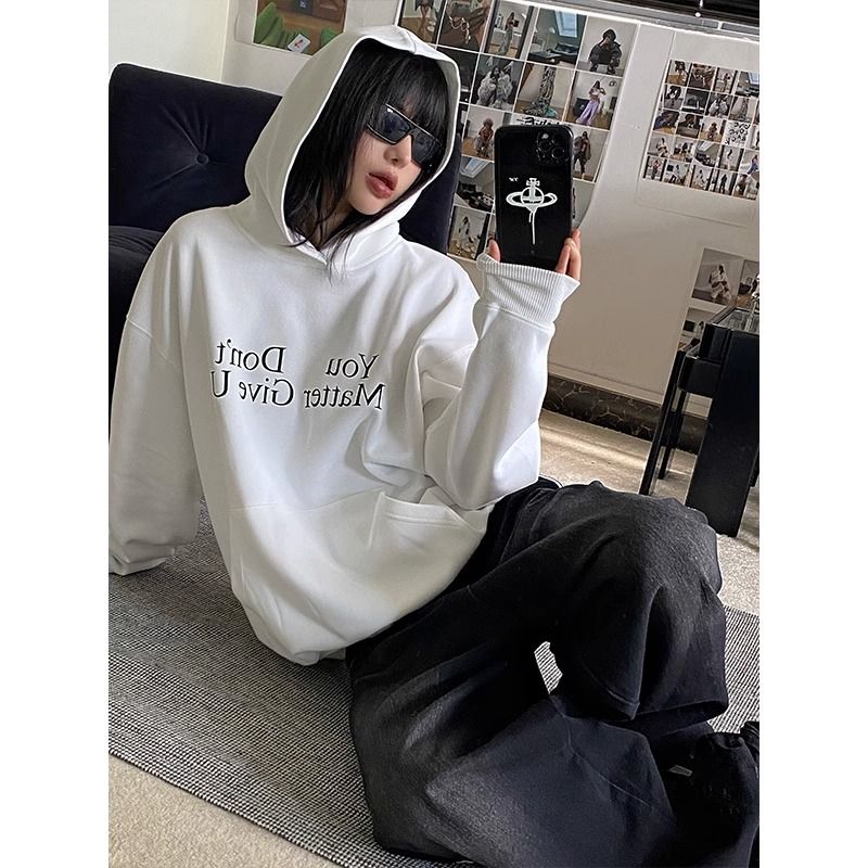 美式復古字母印花簡約高級感寬鬆休閒純棉連帽衛衣女秋季套頭衫女