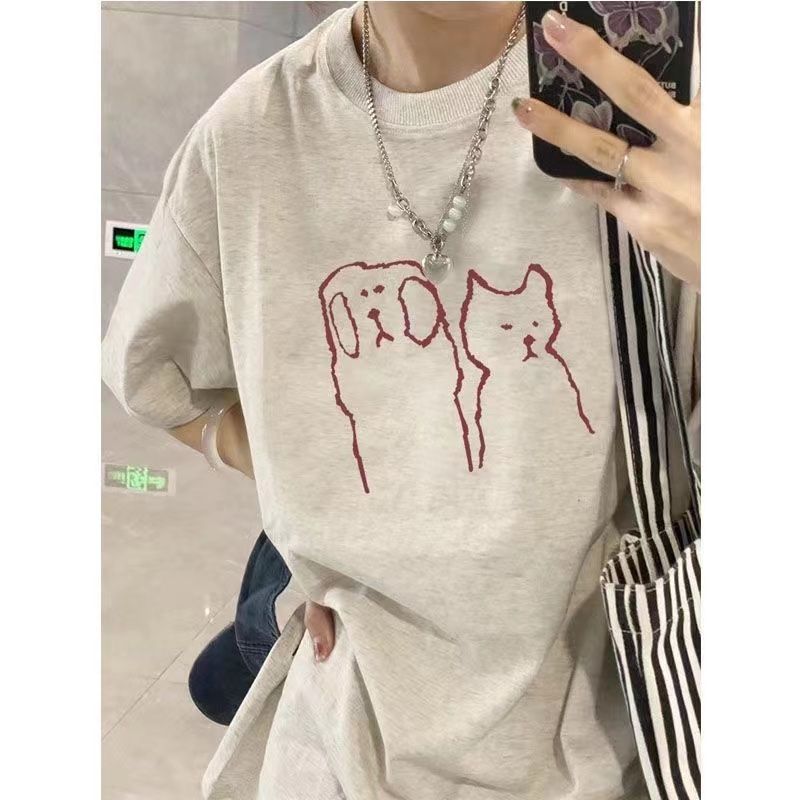 100%純棉韓版印花短袖t恤女學生寬鬆中長款體恤衫夏季新款上衣服