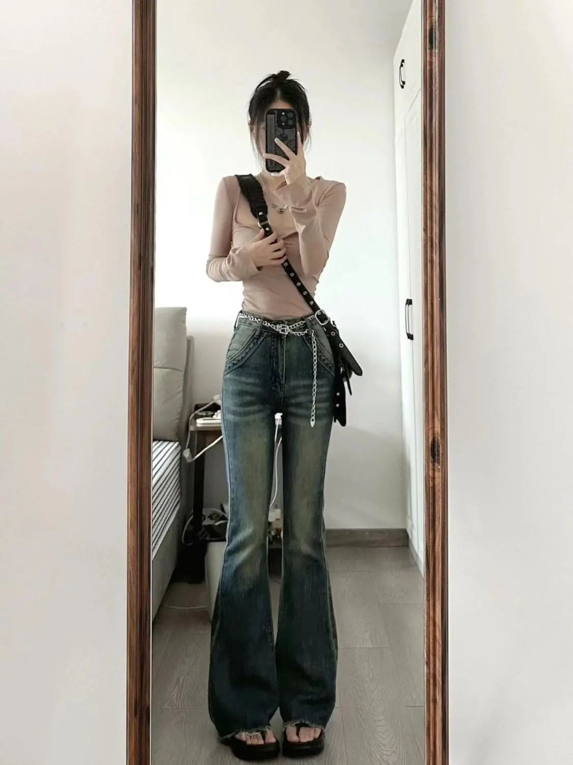 美式高街微喇叭牛仔褲女秋季新款設計感小眾修身寬鬆顯瘦拖地褲子