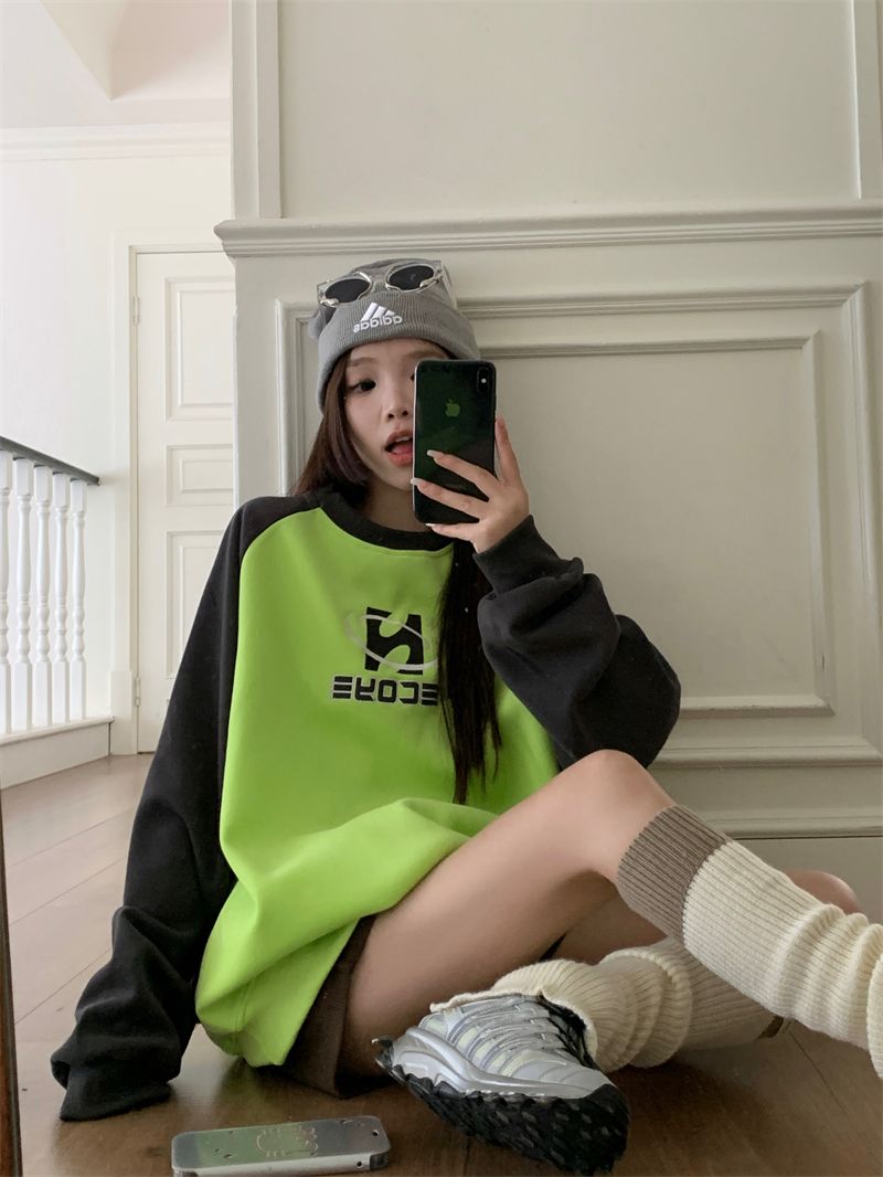 重磅純棉美式復古插肩撞色圓領衛衣女秋冬季新款慵懶風百搭上衣潮