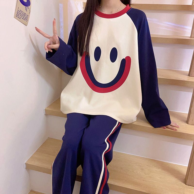 笑臉睡衣女2023年春秋新款長袖長褲套裝可愛甜美少女家居服可外穿