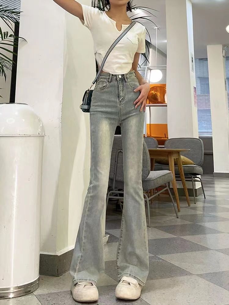 美式辣妹微喇叭牛仔褲女秋季新款高腰修身顯瘦百搭休閒拖地喇叭褲